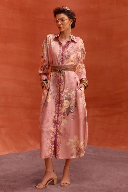 Kalista Pink Viscose Modal Collared Tiffiny Floral Pattern Curved Hem Dress