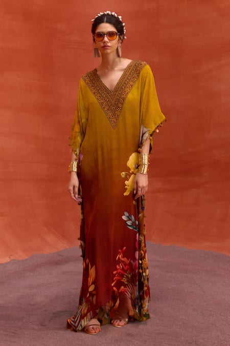 Kalista Yellow Viscose, Crepe Embroidery V-neck Saira Blossom Print Hand Kaftan Online at Aza Fashions Kalista_Yellow Viscose, Crepe Embroidery V-neck Saira Blossom Print Hand Kaftan _Online_at_Aza_Fashions