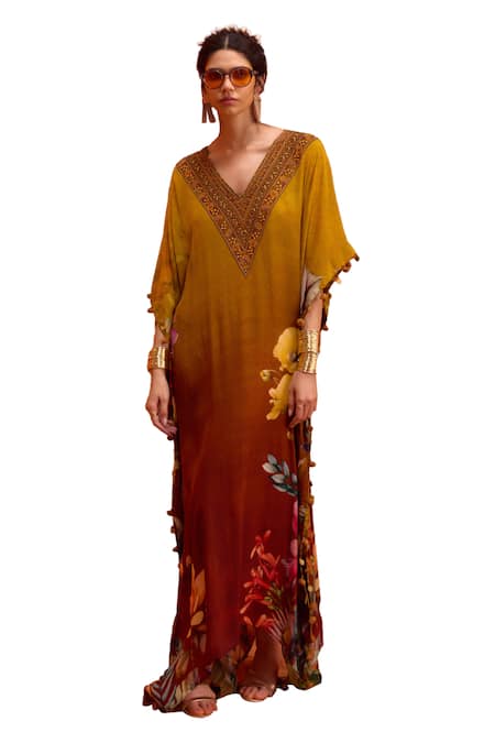 Buy Kalista Yellow Viscose, Crepe Embroidery V-neck Saira Blossom Print Hand Kaftan Online at Aza Fashions Buy_Kalista_Yellow Viscose, Crepe Embroidery V-neck Saira Blossom Print Hand Kaftan _Online_at_Aza_Fashions