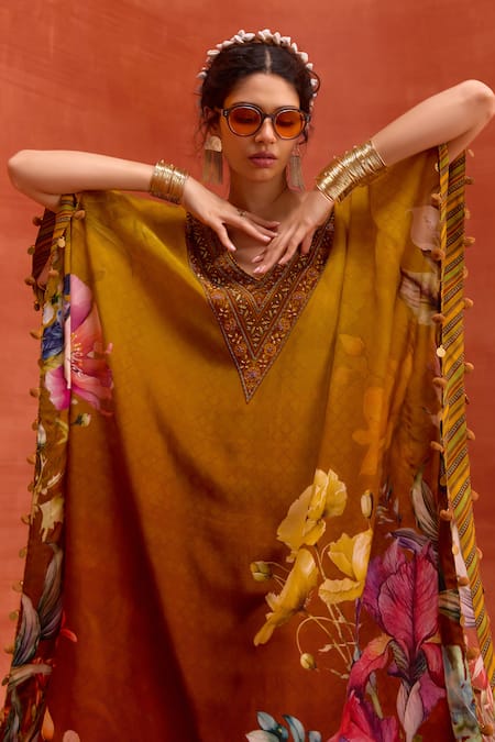Shop Kalista Yellow Viscose, Crepe Embroidery V-neck Saira Blossom Print Hand Kaftan Online at Aza Fashions Shop_Kalista_Yellow Viscose, Crepe Embroidery V-neck Saira Blossom Print Hand Kaftan _Online_at_Aza_Fashions