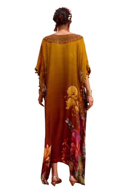 Kalista Yellow Viscose, Crepe Embroidery V-neck Saira Blossom Print Hand Kaftan at Aza Fashions Kalista_Yellow Viscose, Crepe Embroidery V-neck Saira Blossom Print Hand Kaftan _at_Aza_Fashions