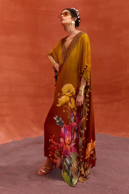 Buy Kalista Yellow Viscose, Crepe Embroidery V-neck Saira Blossom Print Hand Kaftan Buy_Kalista_Yellow Viscose, Crepe Embroidery V-neck Saira Blossom Print Hand Kaftan