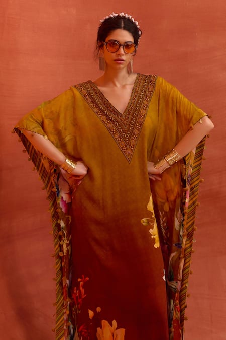 Shop Kalista Yellow Viscose, Crepe Embroidery V-neck Saira Blossom Print Hand Kaftan Shop_Kalista_Yellow Viscose, Crepe Embroidery V-neck Saira Blossom Print Hand Kaftan