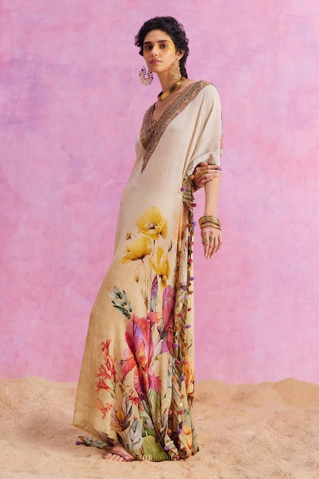 Kalista Ivory Viscose, Crepe Embroidery V-neck Saira Bloom Print Hand Kaftan Online at Aza Fashions Kalista_Ivory Viscose, Crepe Embroidery V-neck Saira Bloom Print Hand Kaftan _Online_at_Aza_Fashions