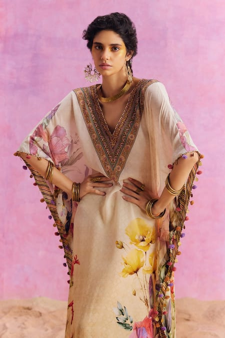 Buy Kalista Ivory Viscose, Crepe Embroidery V-neck Saira Bloom Print Hand Kaftan Online at Aza Fashions Buy_Kalista_Ivory Viscose, Crepe Embroidery V-neck Saira Bloom Print Hand Kaftan _Online_at_Aza_Fashions