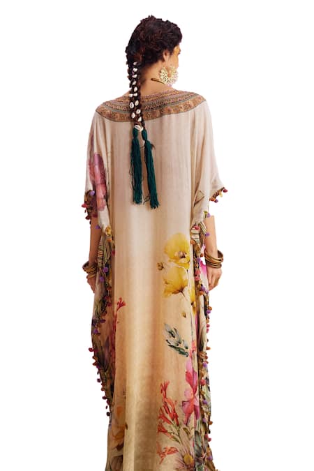 Shop Kalista Ivory Viscose, Crepe Embroidery V-neck Saira Bloom Print Hand Kaftan Online at Aza Fashions Shop_Kalista_Ivory Viscose, Crepe Embroidery V-neck Saira Bloom Print Hand Kaftan _Online_at_Aza_Fashions