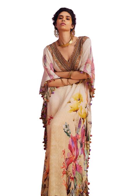 Kalista Ivory Viscose, Crepe Embroidery V-neck Saira Bloom Print Hand Kaftan at Aza Fashions Kalista_Ivory Viscose, Crepe Embroidery V-neck Saira Bloom Print Hand Kaftan _at_Aza_Fashions