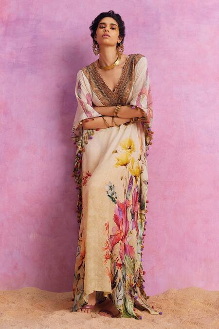 Buy Kalista Ivory Viscose, Crepe Embroidery V-neck Saira Bloom Print Hand Kaftan Buy_Kalista_Ivory Viscose, Crepe Embroidery V-neck Saira Bloom Print Hand Kaftan