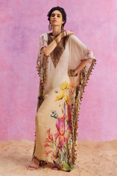 Shop Kalista Ivory Viscose, Crepe Embroidery V-neck Saira Bloom Print Hand Kaftan Shop_Kalista_Ivory Viscose, Crepe Embroidery V-neck Saira Bloom Print Hand Kaftan