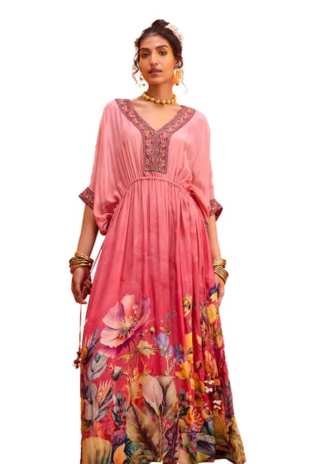 Kalista_Pink Viscose, Crepe Bianca Botanic Bloom Print Kaftan _Online_at_Aza_Fashions