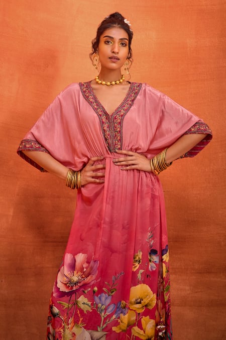 Buy_Kalista_Pink Viscose, Crepe Bianca Botanic Bloom Print Kaftan _Online_at_Aza_Fashions
