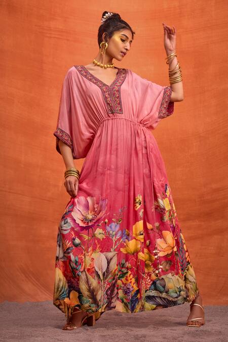 Shop_Kalista_Pink Viscose, Crepe Bianca Botanic Bloom Print Kaftan _Online_at_Aza_Fashions