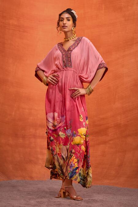 Kalista_Pink Viscose, Crepe Bianca Botanic Bloom Print Kaftan _at_Aza_Fashions