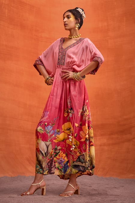 Buy_Kalista_Pink Viscose, Crepe Bianca Botanic Bloom Print Kaftan 