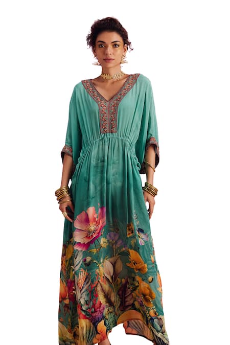 Kalista_Green Viscose, Crepe Beads, Embroidery V-neck Bianca Botanic Fleur Print Kaftan _Online_at_Aza_Fashions