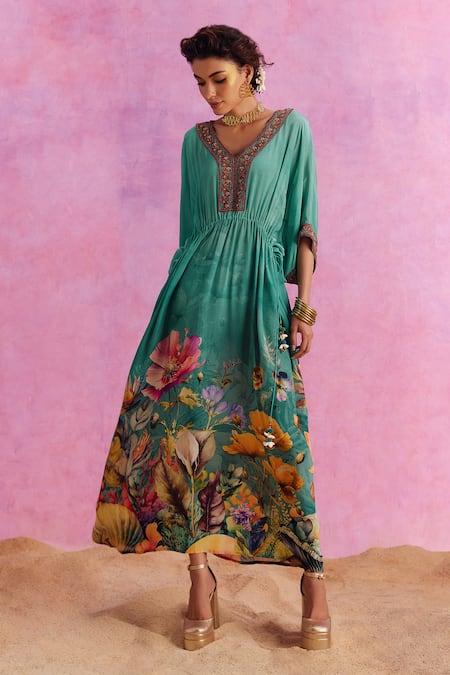 Buy_Kalista_Green Viscose, Crepe Beads, Embroidery V-neck Bianca Botanic Fleur Print Kaftan _Online_at_Aza_Fashions