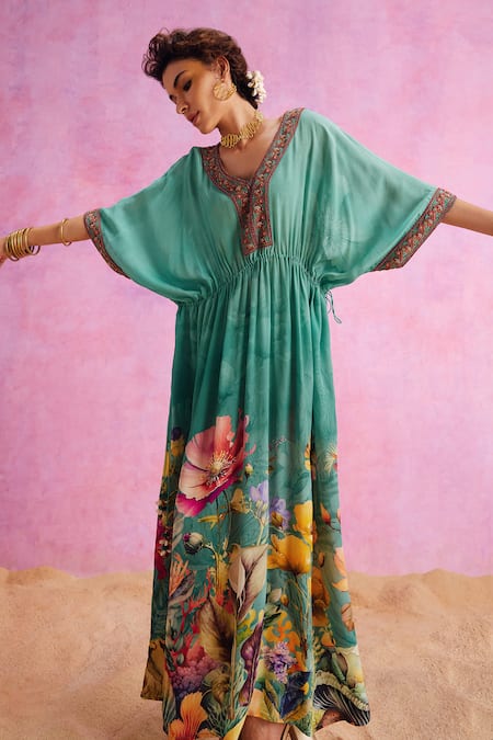 Shop_Kalista_Green Viscose, Crepe Beads, Embroidery V-neck Bianca Botanic Fleur Print Kaftan _Online_at_Aza_Fashions