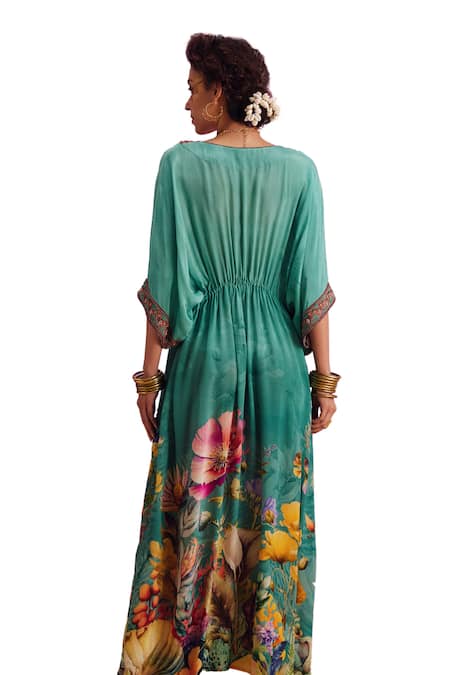 Kalista_Green Viscose, Crepe Beads, Embroidery V-neck Bianca Botanic Fleur Print Kaftan _at_Aza_Fashions