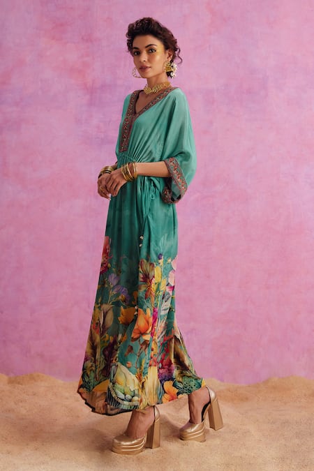 Buy_Kalista_Green Viscose, Crepe Beads, Embroidery V-neck Bianca Botanic Fleur Print Kaftan 