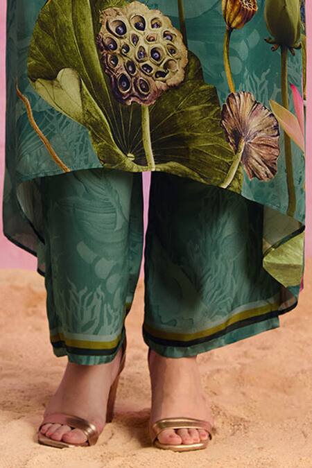 Kalista_Green Viscose, Crepe Beads, Luciana Padma Bloom Print Kaftan With Pant _Online_at_Aza_Fashions