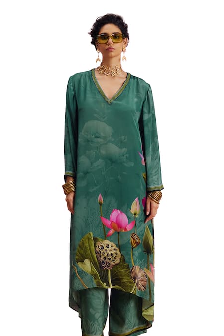 Buy_Kalista_Green Viscose, Crepe Beads, Luciana Padma Bloom Print Kaftan With Pant _Online_at_Aza_Fashions