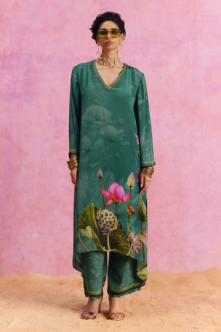 Shop_Kalista_Green Viscose, Crepe Beads, Luciana Padma Bloom Print Kaftan With Pant _Online_at_Aza_Fashions