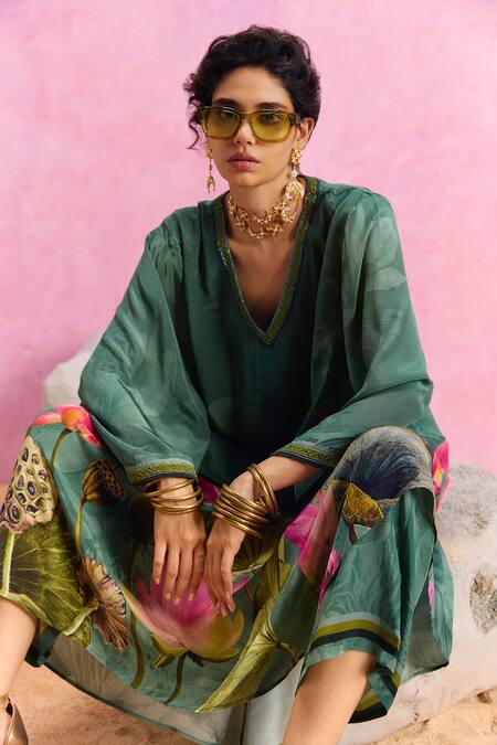 Kalista_Green Viscose, Crepe Beads, Luciana Padma Bloom Print Kaftan With Pant _at_Aza_Fashions