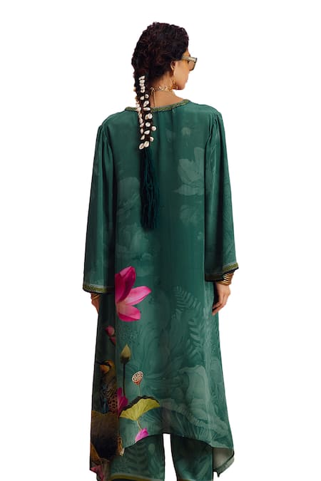 Buy_Kalista_Green Viscose, Crepe Beads, Luciana Padma Bloom Print Kaftan With Pant 