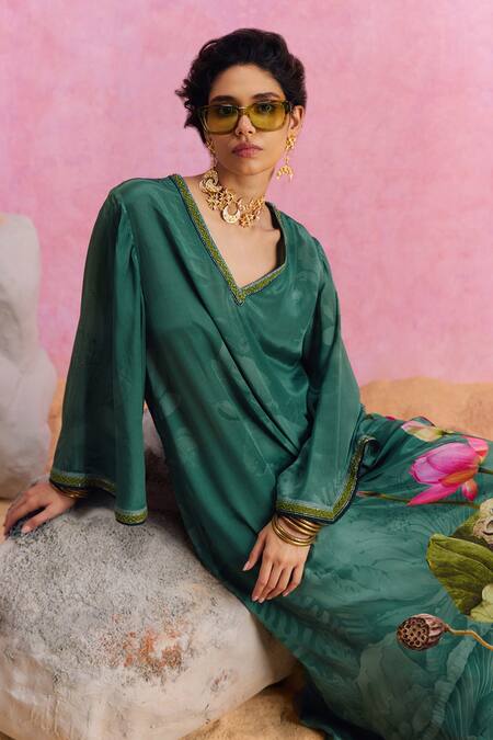 Shop_Kalista_Green Viscose, Crepe Beads, Luciana Padma Bloom Print Kaftan With Pant 