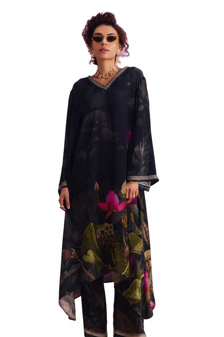 Kalista_Black Viscose, Crepe Beads, Luciana Lotus Bloom Print Kaftan With Pant _Online_at_Aza_Fashions