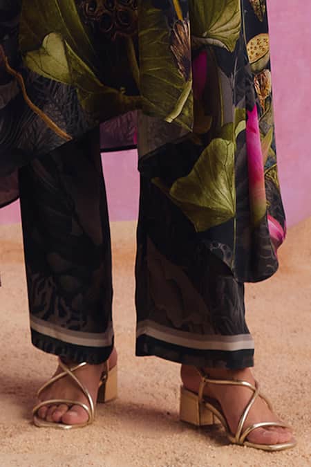 Buy_Kalista_Black Viscose, Crepe Beads, Luciana Lotus Bloom Print Kaftan With Pant _Online_at_Aza_Fashions