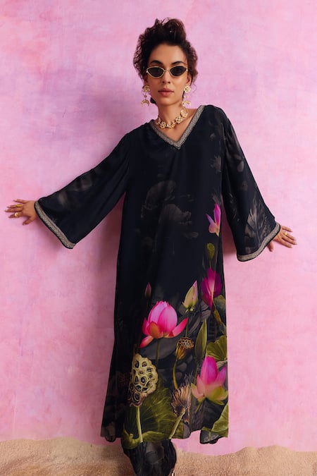 Shop_Kalista_Black Viscose, Crepe Beads, Luciana Lotus Bloom Print Kaftan With Pant _Online_at_Aza_Fashions