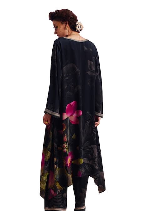 Kalista_Black Viscose, Crepe Beads, Luciana Lotus Bloom Print Kaftan With Pant _at_Aza_Fashions