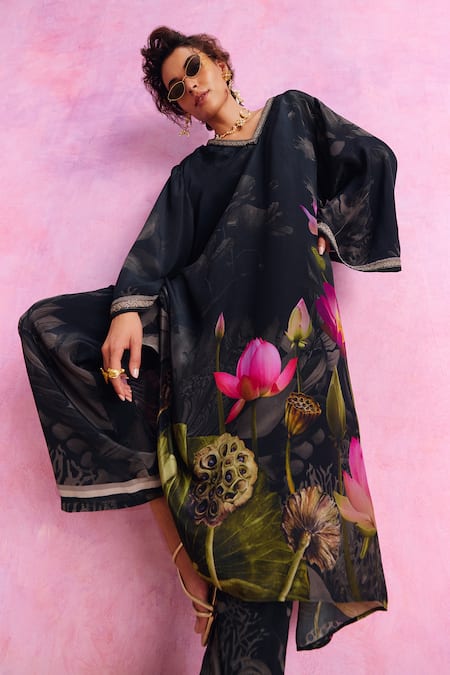 Buy_Kalista_Black Viscose, Crepe Beads, Luciana Lotus Bloom Print Kaftan With Pant 