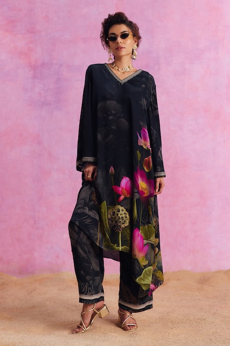 Shop_Kalista_Black Viscose, Crepe Beads, Luciana Lotus Bloom Print Kaftan With Pant 