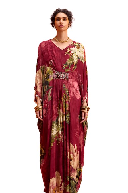 Buy_Kalista_Wine Viscose Stones, Beads Melinda Rose Garden Print Hand Embroidered Kaftan _Online_at_Aza_Fashions