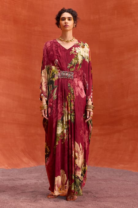 Shop_Kalista_Wine Viscose Stones, Beads Melinda Rose Garden Print Hand Embroidered Kaftan _Online_at_Aza_Fashions