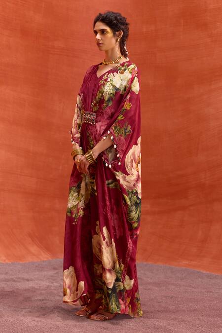 Kalista_Wine Viscose Stones, Beads Melinda Rose Garden Print Hand Embroidered Kaftan _at_Aza_Fashions