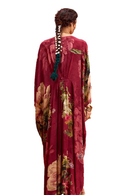 Buy_Kalista_Wine Viscose Stones, Beads Melinda Rose Garden Print Hand Embroidered Kaftan 