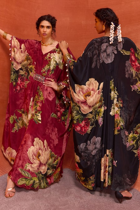 Shop_Kalista_Wine Viscose Stones, Beads Melinda Rose Garden Print Hand Embroidered Kaftan 