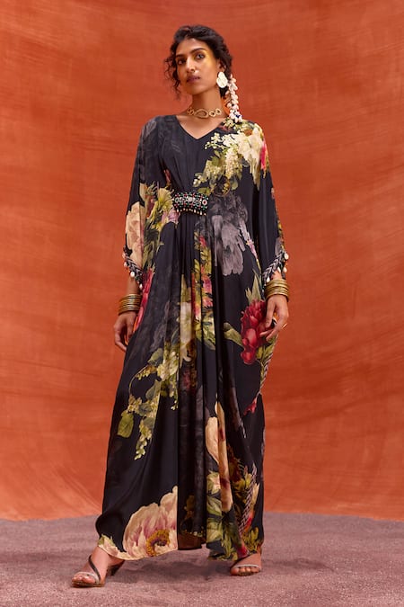 Buy_Kalista_Black Viscose, Crepe Stones, Melinda Rose Bloom Print Hand Embroidered Kaftan _Online_at_Aza_Fashions
