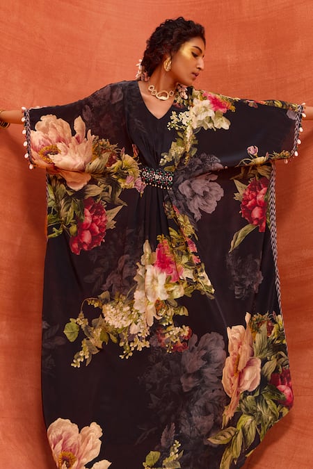 Shop_Kalista_Black Viscose, Crepe Stones, Melinda Rose Bloom Print Hand Embroidered Kaftan _Online_at_Aza_Fashions