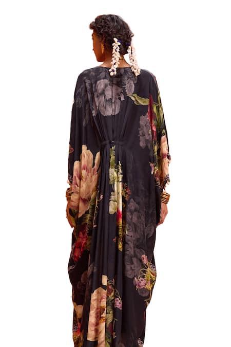 Kalista_Black Viscose, Crepe Stones, Melinda Rose Bloom Print Hand Embroidered Kaftan _at_Aza_Fashions
