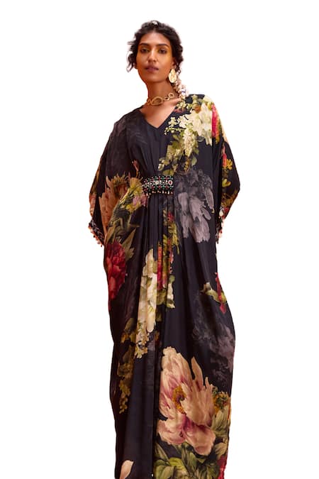 Shop_Kalista_Black Viscose, Crepe Stones, Melinda Rose Bloom Print Hand Embroidered Kaftan 