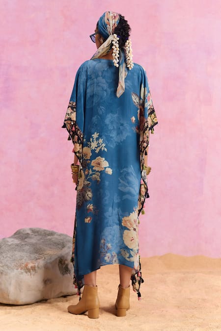 Shop_Kalista_Blue Viscose, Crepe Tassels V-neck Savana French Bloom Print Kaftan _at_Aza_Fashions