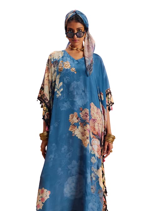 Kalista_Blue Viscose, Crepe Tassels V-neck Savana French Bloom Print Kaftan _Online_at_Aza_Fashions