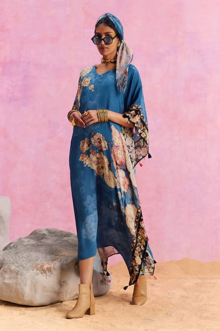 Buy_Kalista_Blue Viscose, Crepe Tassels V-neck Savana French Bloom Print Kaftan _Online_at_Aza_Fashions