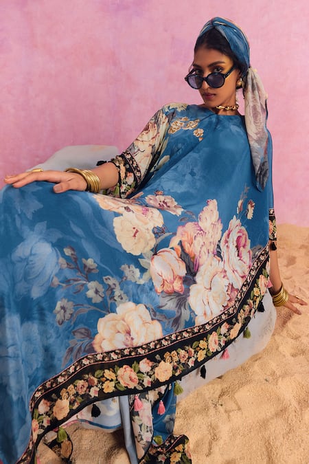 Shop_Kalista_Blue Viscose, Crepe Tassels V-neck Savana French Bloom Print Kaftan _Online_at_Aza_Fashions