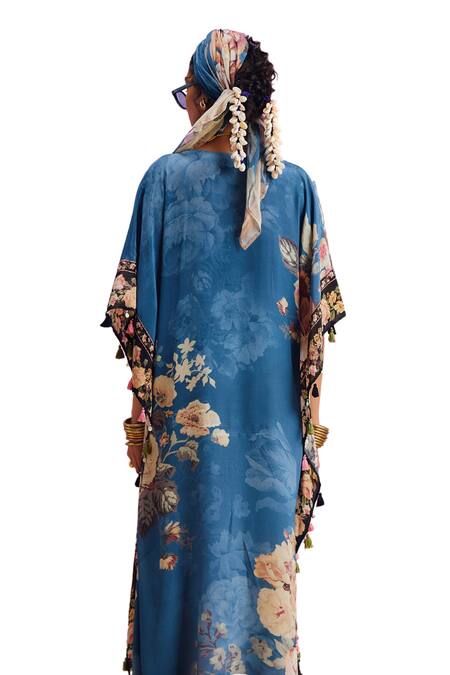 Kalista_Blue Viscose, Crepe Tassels V-neck Savana French Bloom Print Kaftan _at_Aza_Fashions