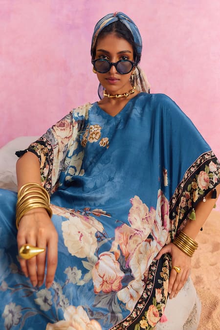 Buy_Kalista_Blue Viscose, Crepe Tassels V-neck Savana French Bloom Print Kaftan 